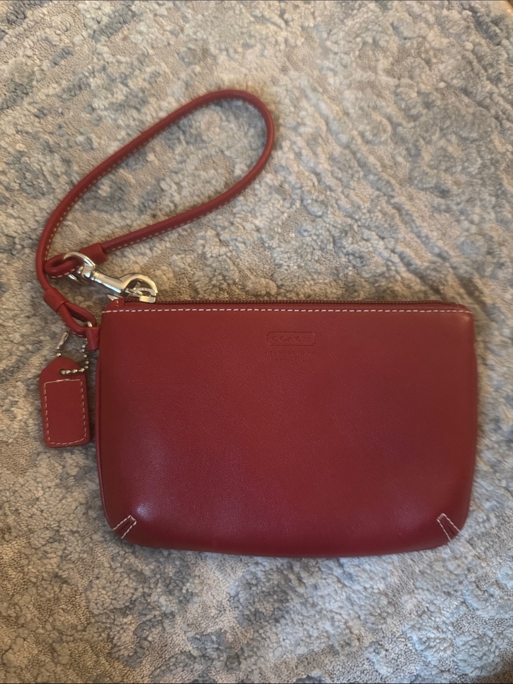 Coach Red Leather Wristlet Pouch with Strap